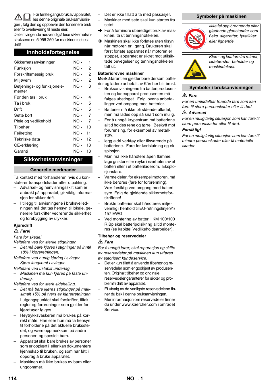 Innholdsfortegnelse, Sikkerhetsanvisninger | Karcher KM 100-100 R Bp Pack User Manual | Page 114 / 230