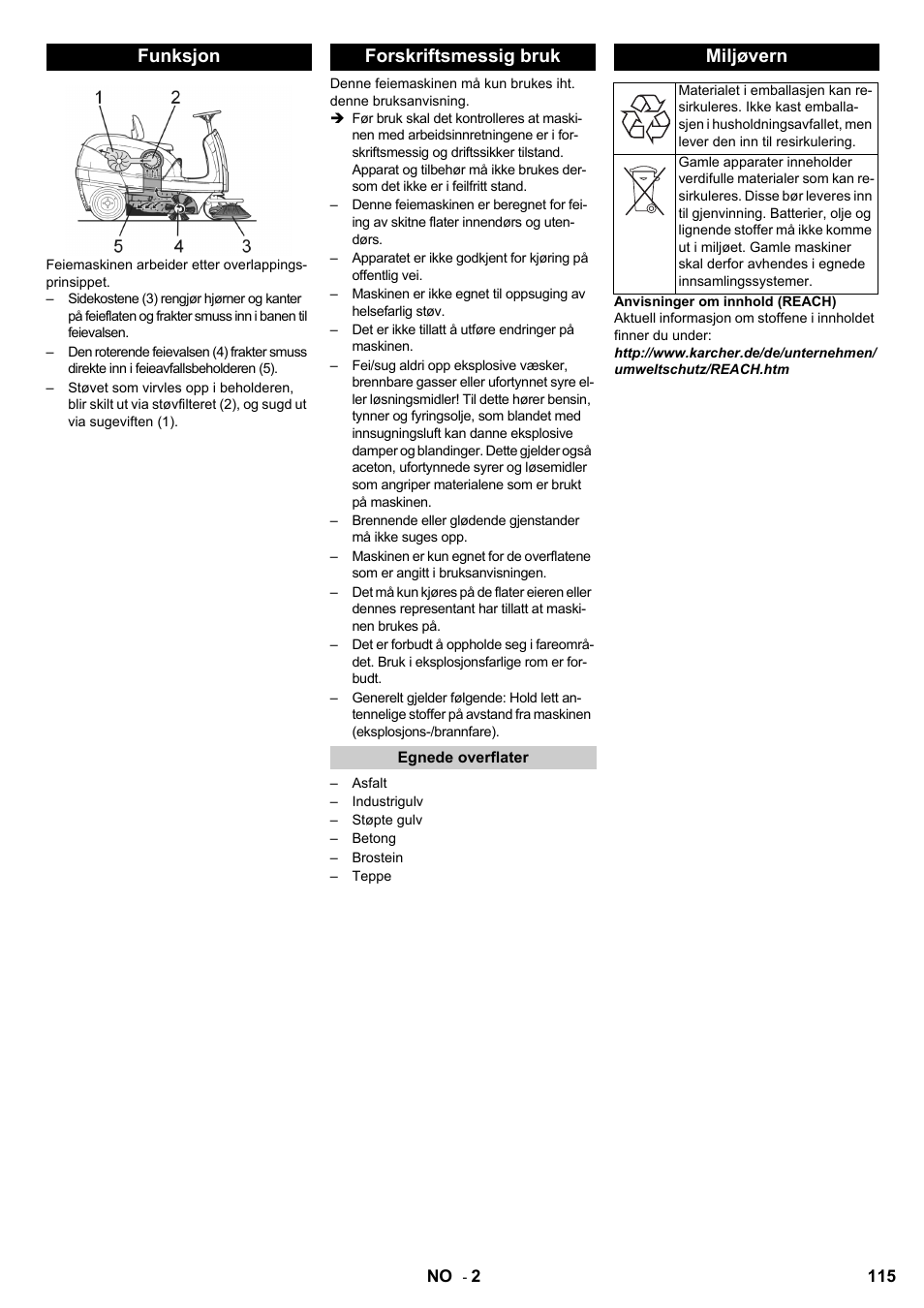 Funksjon forskriftsmessig bruk, Miljøvern | Karcher KM 100-100 R Bp Pack User Manual | Page 115 / 230