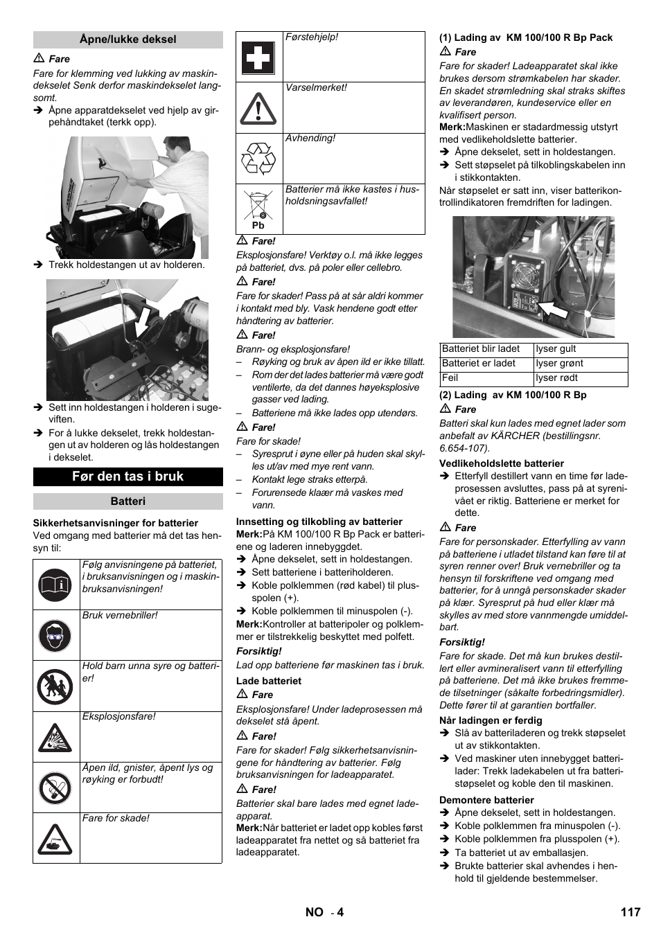 Før den tas i bruk | Karcher KM 100-100 R Bp Pack User Manual | Page 117 / 230