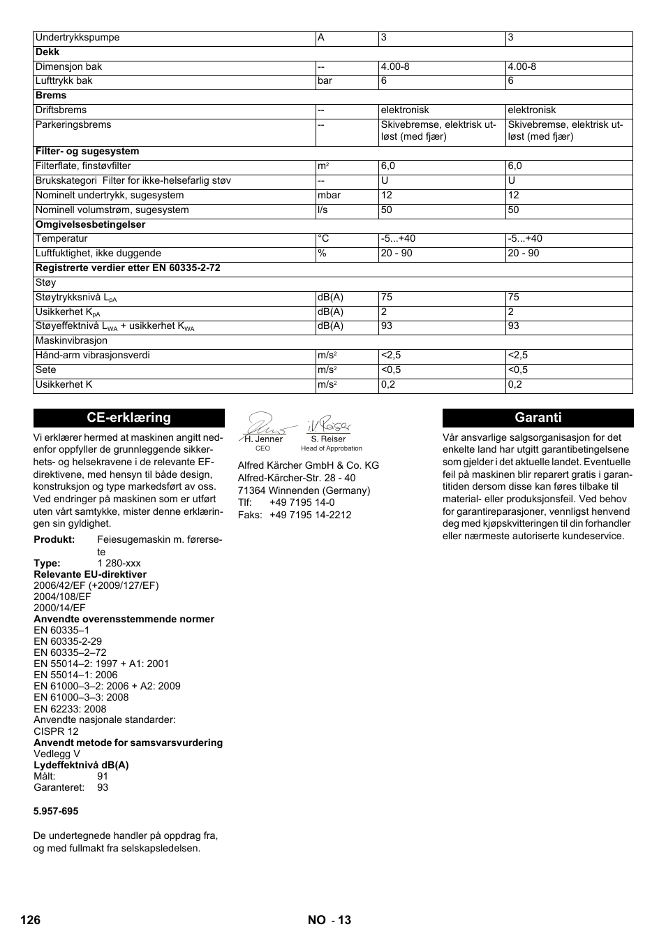 Ce-erklæring, Garanti | Karcher KM 100-100 R Bp Pack User Manual | Page 126 / 230