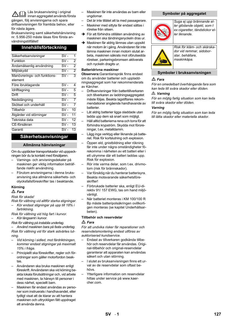 Innehållsförteckning, Säkerhetsanvisningar | Karcher KM 100-100 R Bp Pack User Manual | Page 127 / 230