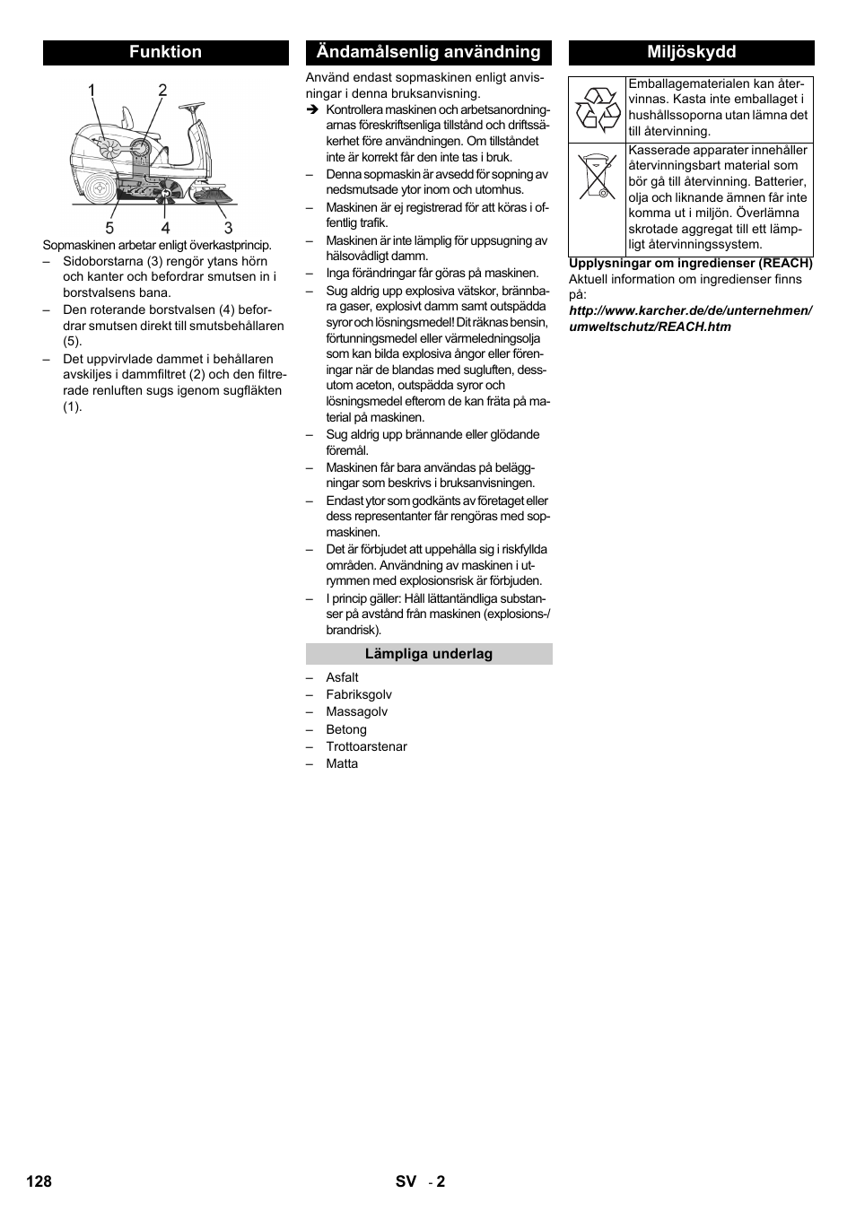 Funktion ändamålsenlig användning, Miljöskydd | Karcher KM 100-100 R Bp Pack User Manual | Page 128 / 230