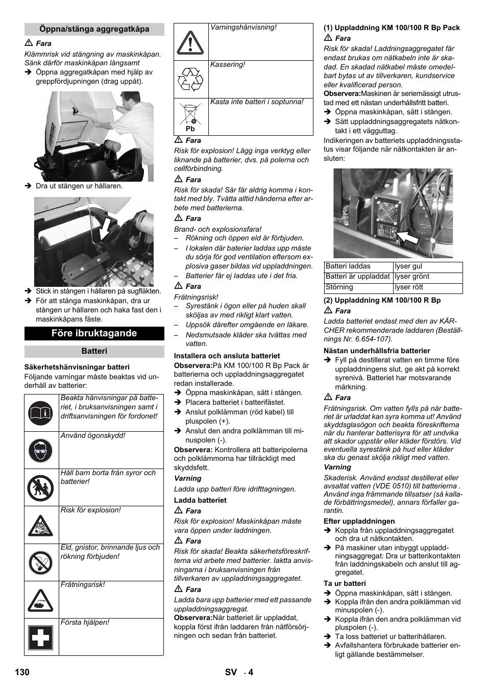 Före ibruktagande | Karcher KM 100-100 R Bp Pack User Manual | Page 130 / 230