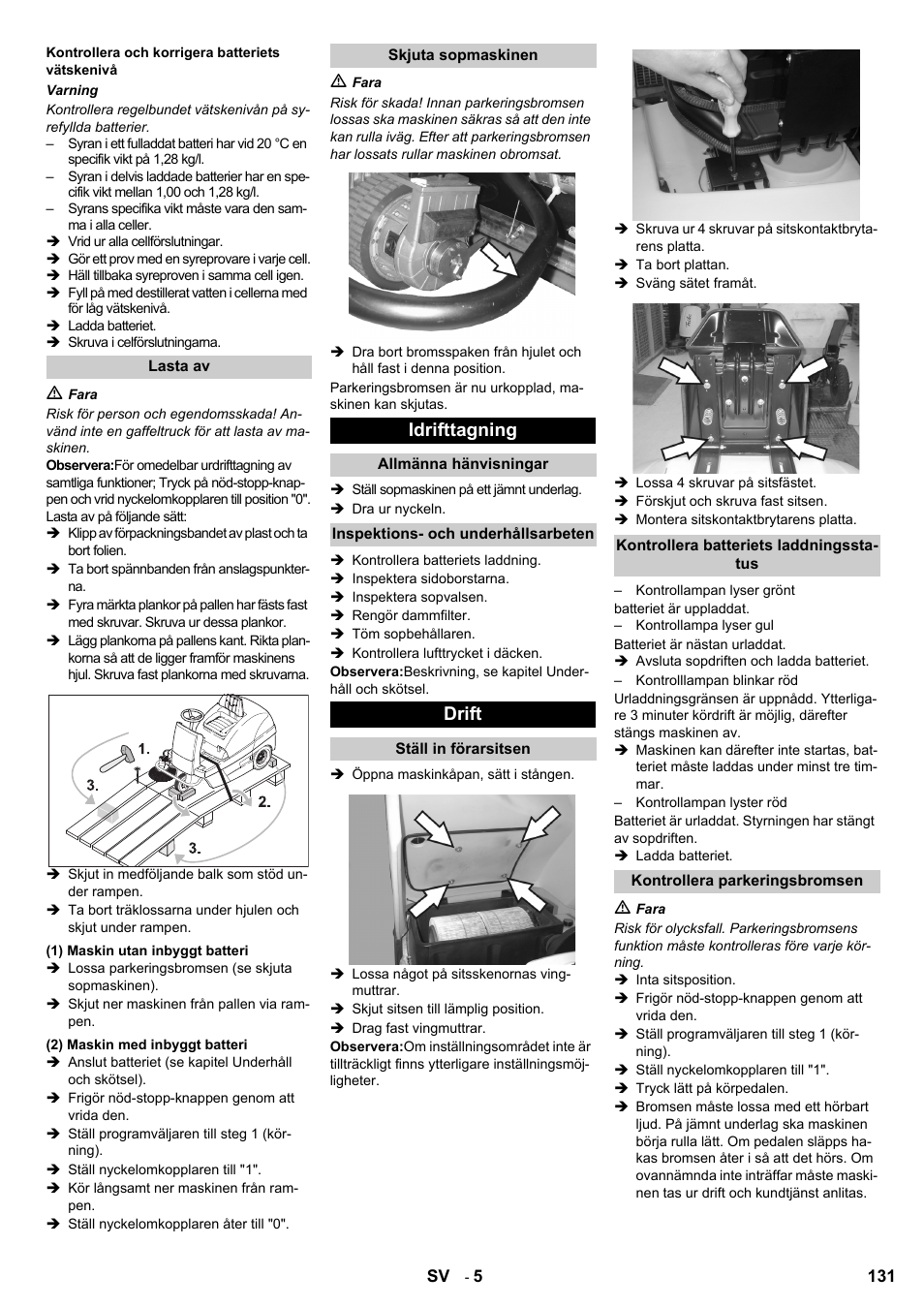 Idrifttagning, Drift | Karcher KM 100-100 R Bp Pack User Manual | Page 131 / 230