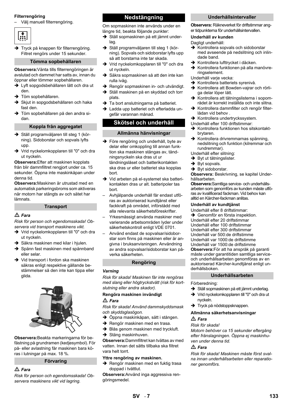 Nedstängning skötsel och underhåll | Karcher KM 100-100 R Bp Pack User Manual | Page 133 / 230