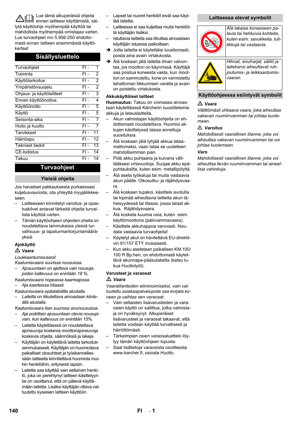 Sisällysluettelo, Turvaohjeet | Karcher KM 100-100 R Bp Pack User Manual | Page 140 / 230