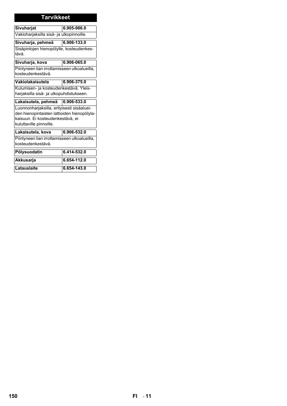 Tarvikkeet | Karcher KM 100-100 R Bp Pack User Manual | Page 150 / 230