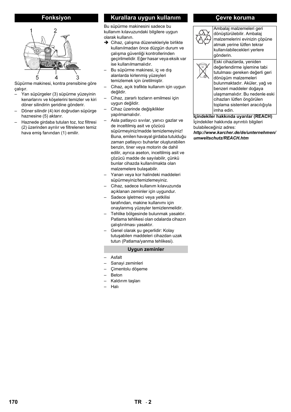 Fonksiyon kurallara uygun kullanım, Çevre koruma | Karcher KM 100-100 R Bp Pack User Manual | Page 170 / 230