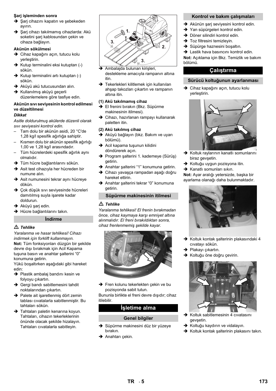 Işletime alma, Çalıştırma | Karcher KM 100-100 R Bp Pack User Manual | Page 173 / 230