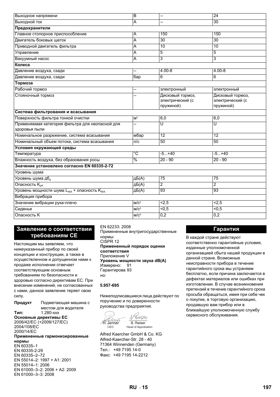 Заявление о соответствии требованиям се, Гарантия | Karcher KM 100-100 R Bp Pack User Manual | Page 197 / 230