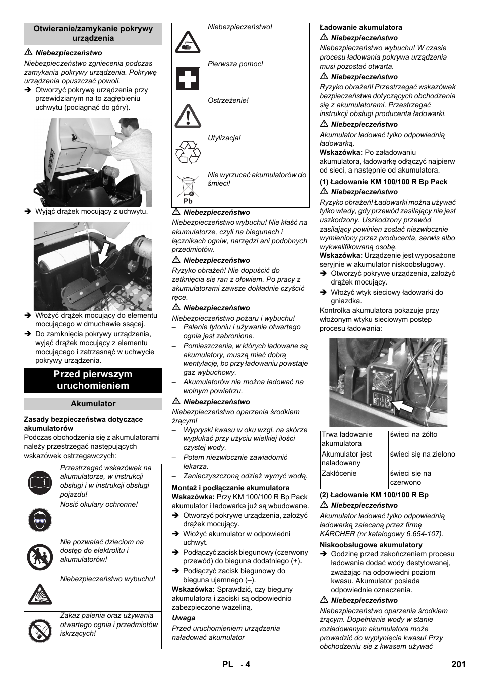 Przed pierwszym uruchomieniem | Karcher KM 100-100 R Bp Pack User Manual | Page 201 / 230