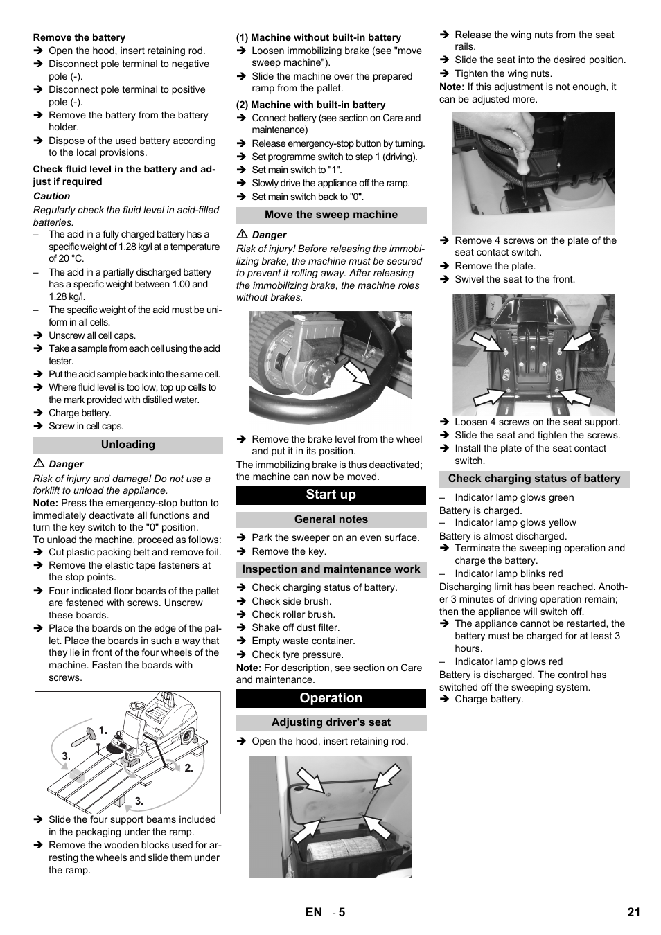 Start up, Operation | Karcher KM 100-100 R Bp Pack User Manual | Page 21 / 230