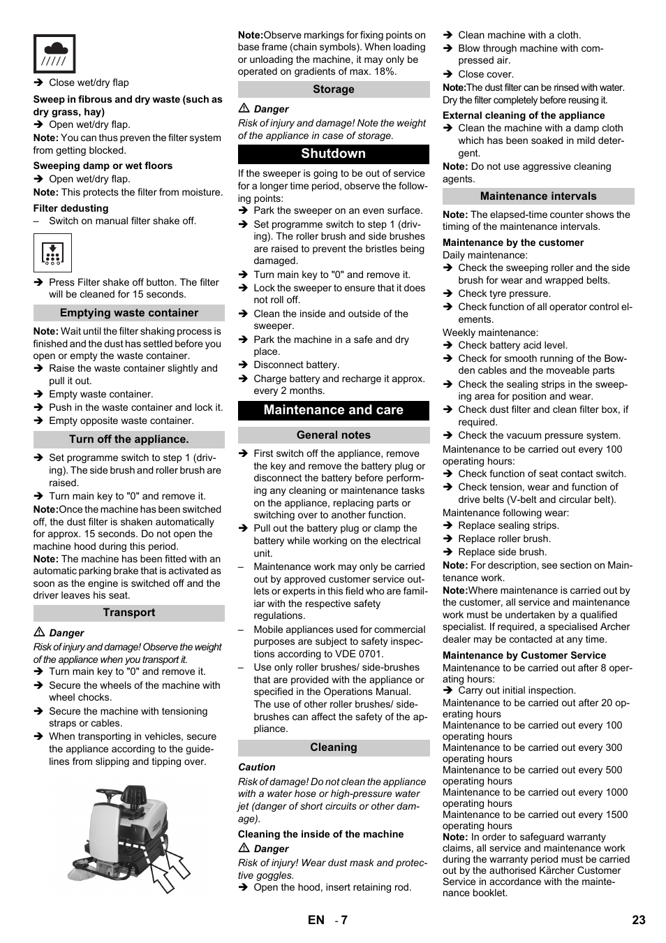 Shutdown maintenance and care | Karcher KM 100-100 R Bp Pack User Manual | Page 23 / 230