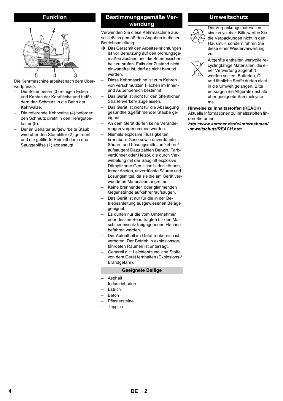 Funktion bestimmungsgemäße ver- wendung, Umweltschutz | Karcher KM 100-100 R Bp Pack User Manual | Page 4 / 230