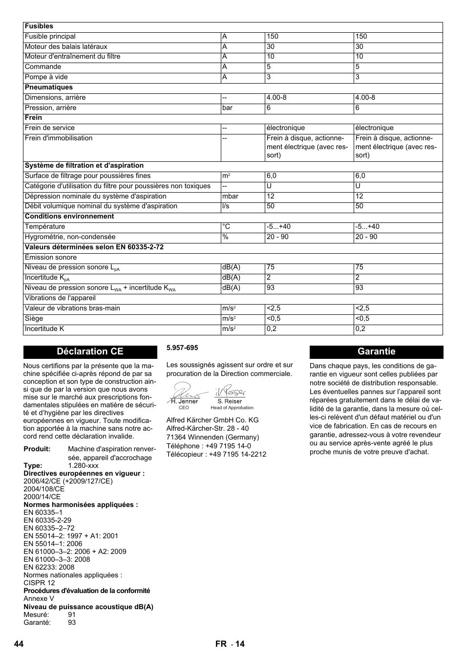 Déclaration ce, Garantie | Karcher KM 100-100 R Bp Pack User Manual | Page 44 / 230