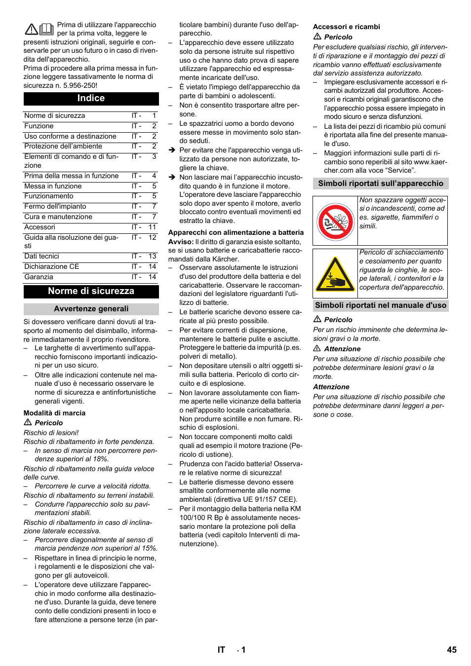 Indice, Norme di sicurezza | Karcher KM 100-100 R Bp Pack User Manual | Page 45 / 230