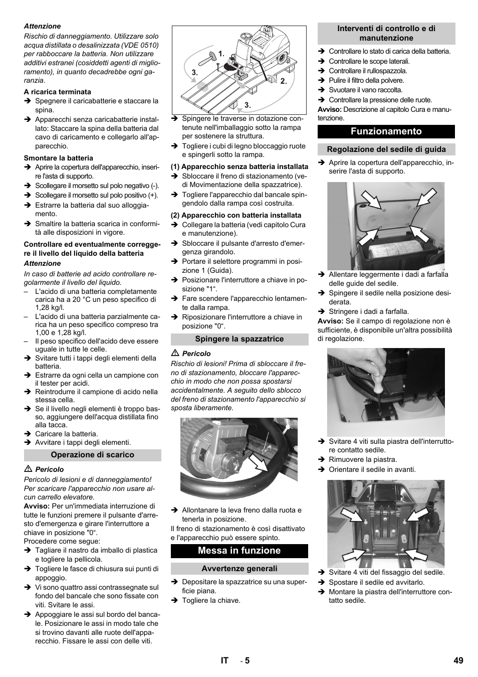 Messa in funzione, Funzionamento | Karcher KM 100-100 R Bp Pack User Manual | Page 49 / 230