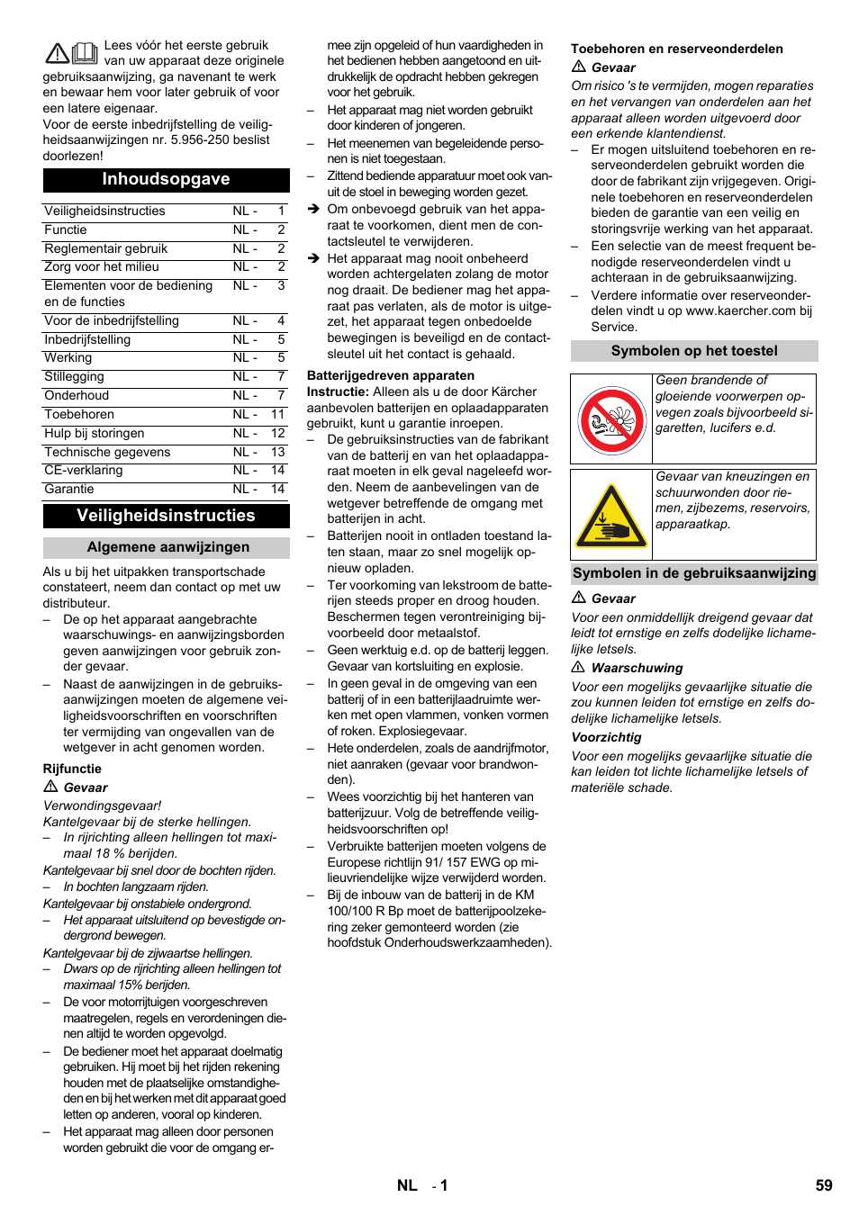 Inhoudsopgave, Veiligheidsinstructies | Karcher KM 100-100 R Bp Pack User Manual | Page 59 / 230