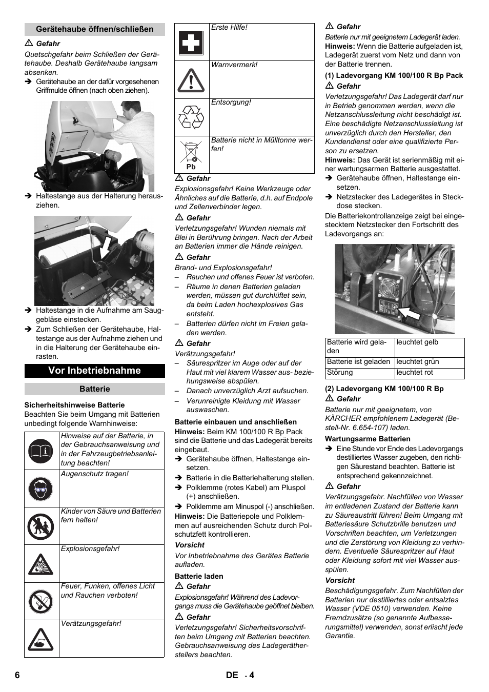 Vor inbetriebnahme | Karcher KM 100-100 R Bp Pack User Manual | Page 6 / 230