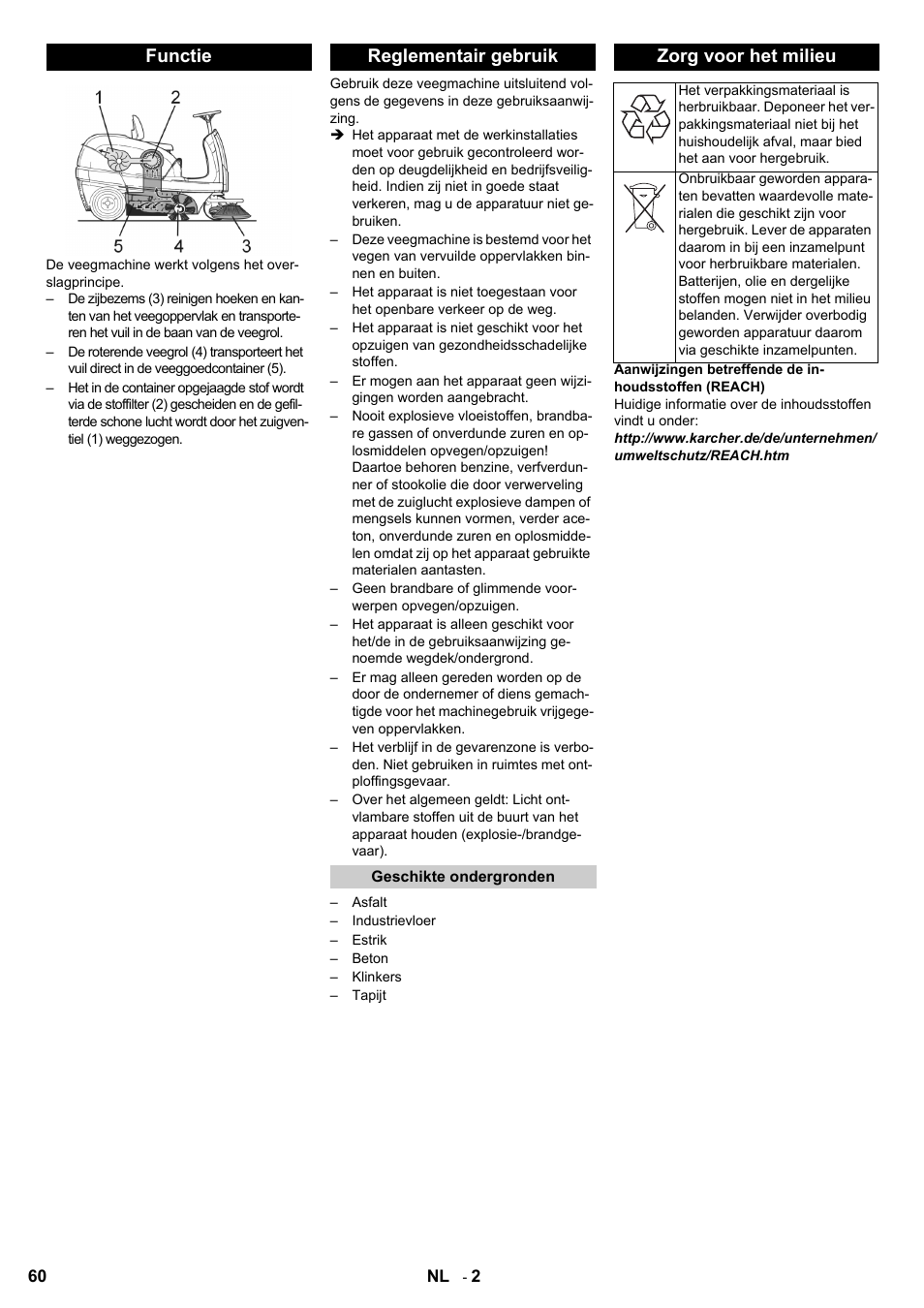 Functie reglementair gebruik, Zorg voor het milieu | Karcher KM 100-100 R Bp Pack User Manual | Page 60 / 230