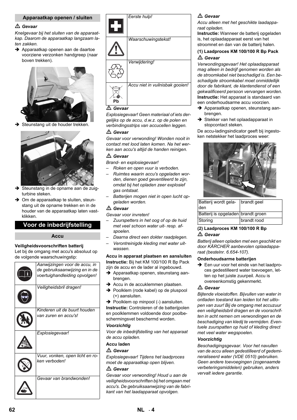 Voor de inbedrijfstelling | Karcher KM 100-100 R Bp Pack User Manual | Page 62 / 230