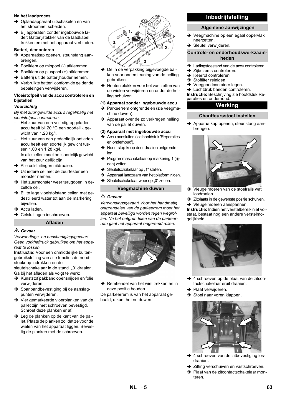 Inbedrijfstelling, Werking | Karcher KM 100-100 R Bp Pack User Manual | Page 63 / 230