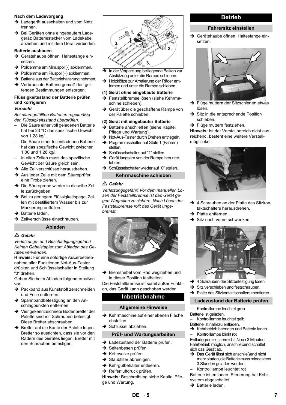 Inbetriebnahme, Betrieb | Karcher KM 100-100 R Bp Pack User Manual | Page 7 / 230