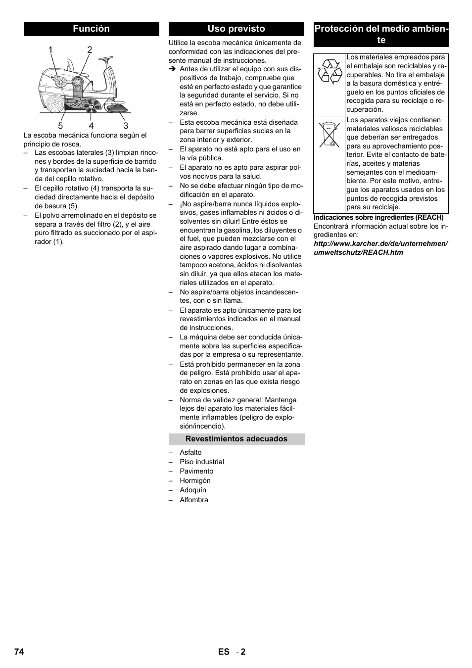 Función uso previsto, Protección del medio ambien- te | Karcher KM 100-100 R Bp Pack User Manual | Page 74 / 230