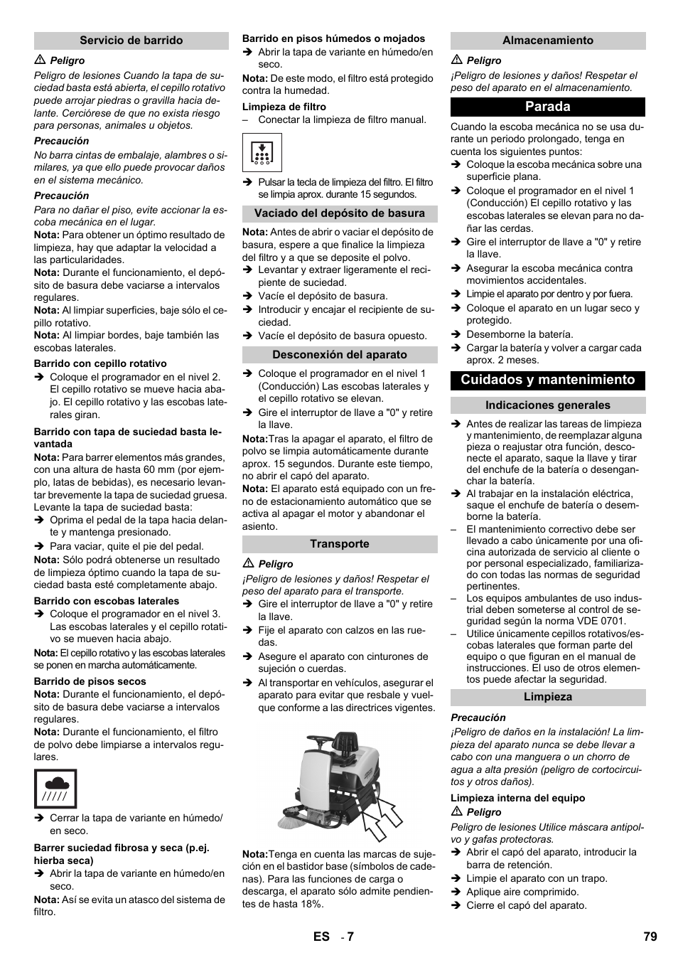 Parada cuidados y mantenimiento | Karcher KM 100-100 R Bp Pack User Manual | Page 79 / 230