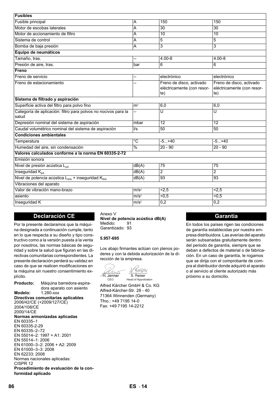 Declaración ce, Garantía | Karcher KM 100-100 R Bp Pack User Manual | Page 86 / 230