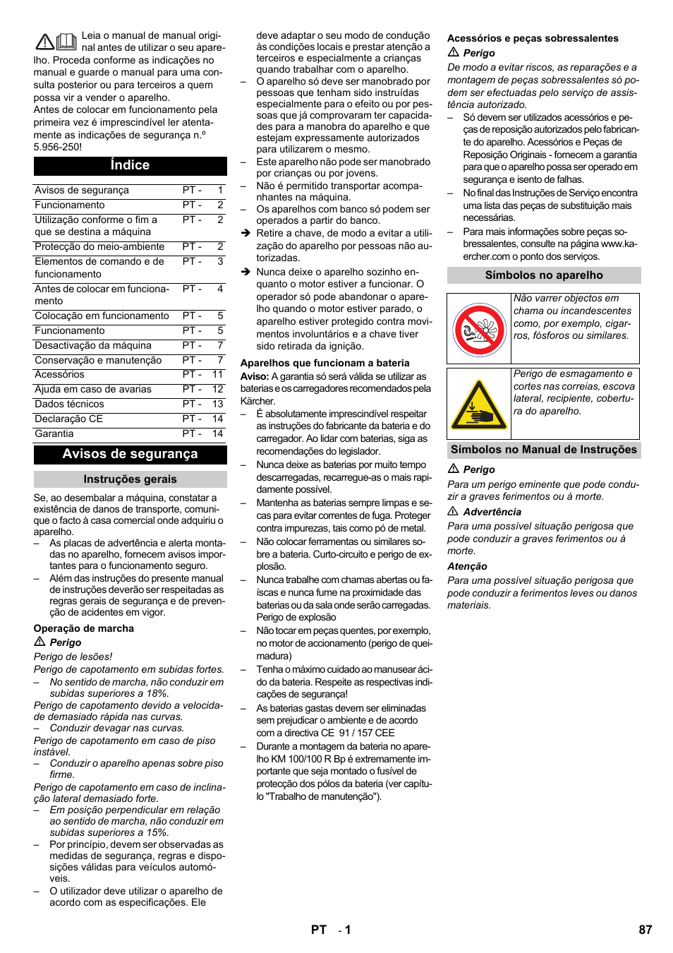 Índice, Avisos de segurança | Karcher KM 100-100 R Bp Pack User Manual | Page 87 / 230