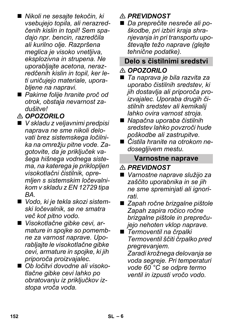 Delo s čistilnimi sredstvi, Varnostne naprave | Karcher G 4-10 M User Manual | Page 152 / 252