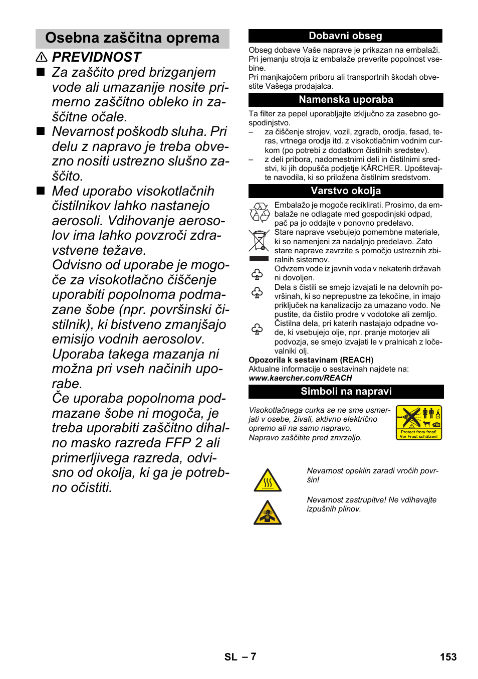 Osebna zaščitna oprema, Dobavni obseg, Namenska uporaba | Varstvo okolja, Simboli na napravi | Karcher G 4-10 M User Manual | Page 153 / 252