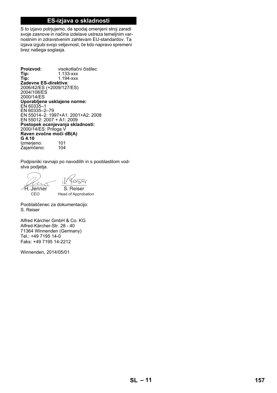 Es-izjava o skladnosti, 157 sl | Karcher G 4-10 M User Manual | Page 157 / 252