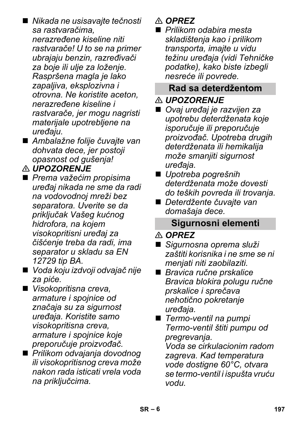 Rad sa deterdžentom, Sigurnosni elementi | Karcher G 4-10 M User Manual | Page 197 / 252