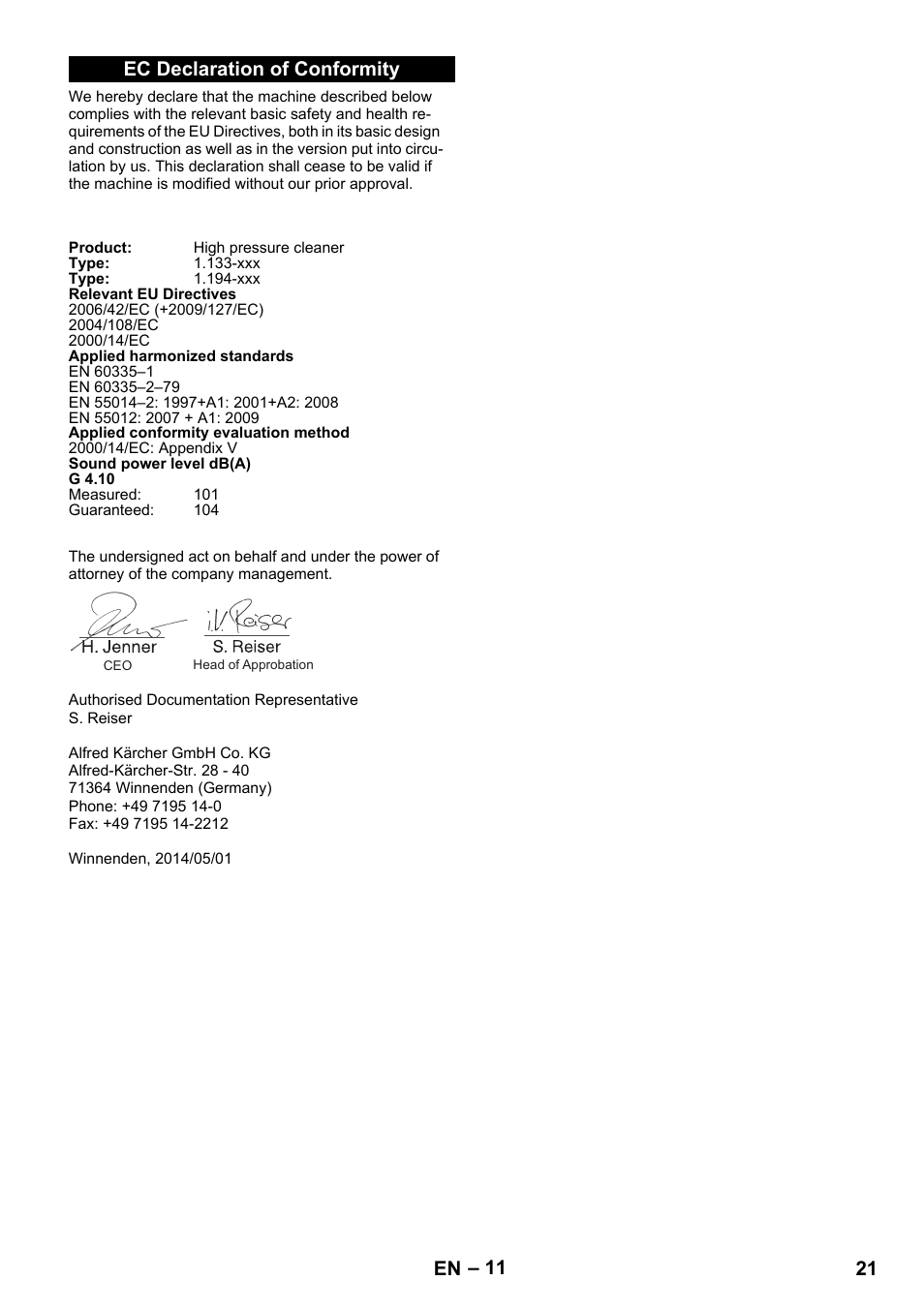 Ec declaration of conformity, 21 en | Karcher G 4-10 M User Manual | Page 21 / 252
