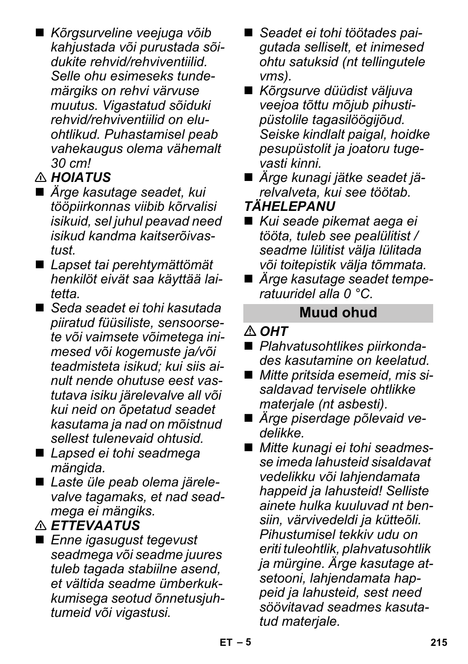 Muud ohud | Karcher G 4-10 M User Manual | Page 215 / 252