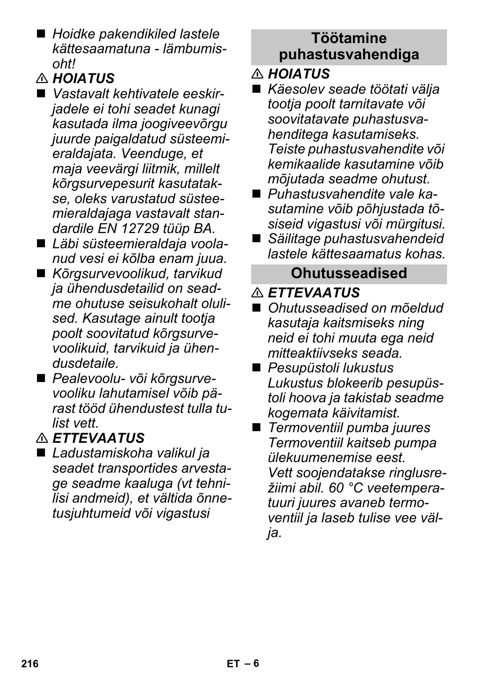 Töötamine puhastusvahendiga, Ohutusseadised | Karcher G 4-10 M User Manual | Page 216 / 252