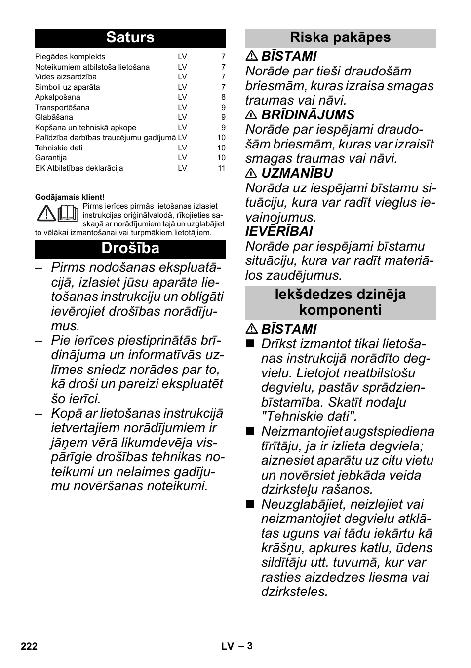Latviešu, Saturs, Drošība | Riska pakāpes, Iekšdedzes dzinēja komponenti, Riska pakāpes iekšdedzes dzinēja komponenti | Karcher G 4-10 M User Manual | Page 222 / 252
