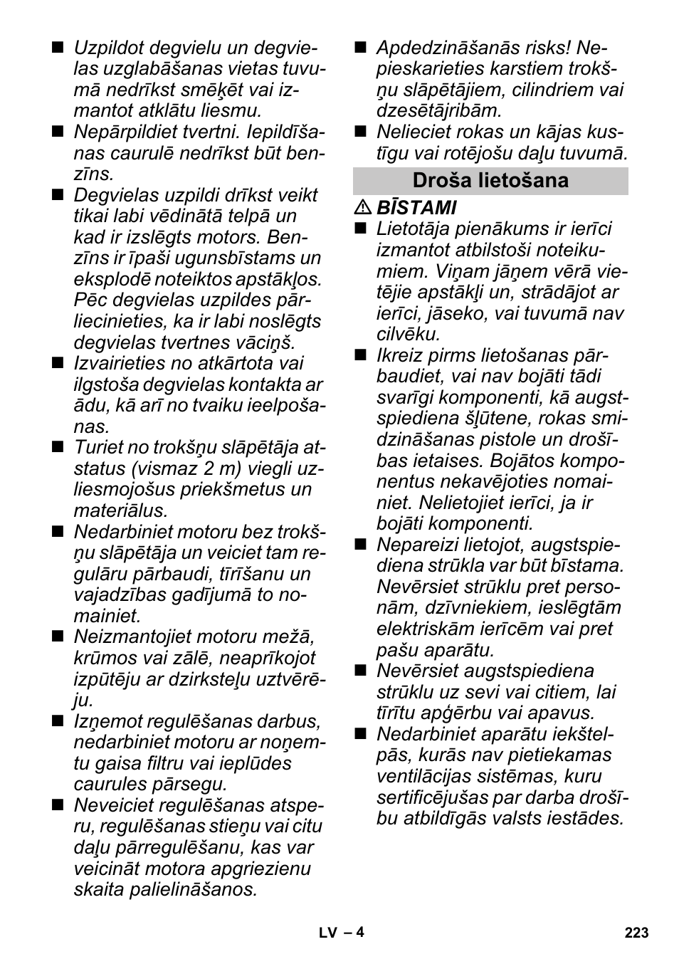 Droša lietošana | Karcher G 4-10 M User Manual | Page 223 / 252