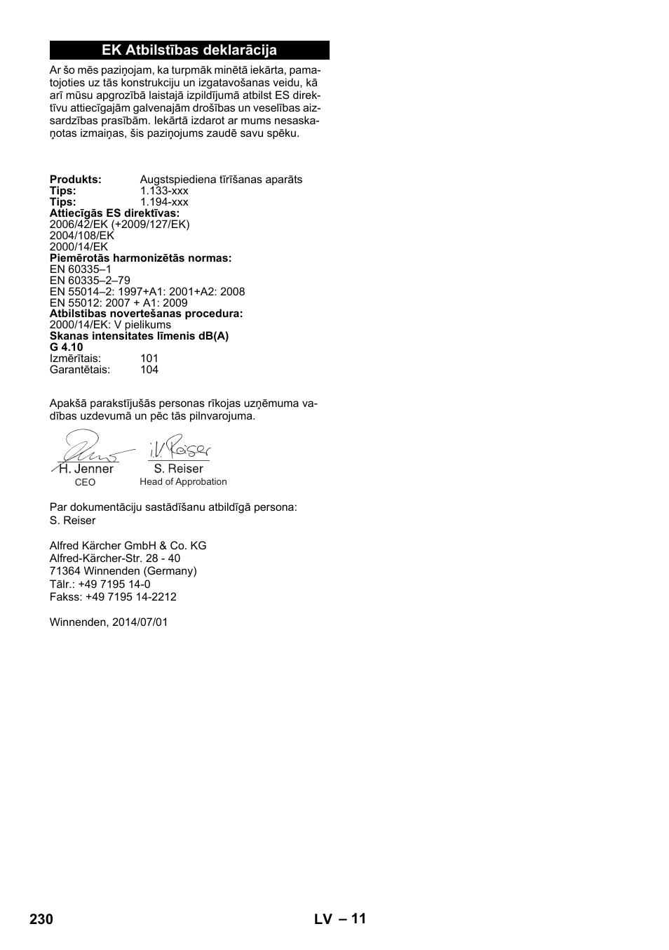 Ek atbilstības deklarācija, 230 lv | Karcher G 4-10 M User Manual | Page 230 / 252