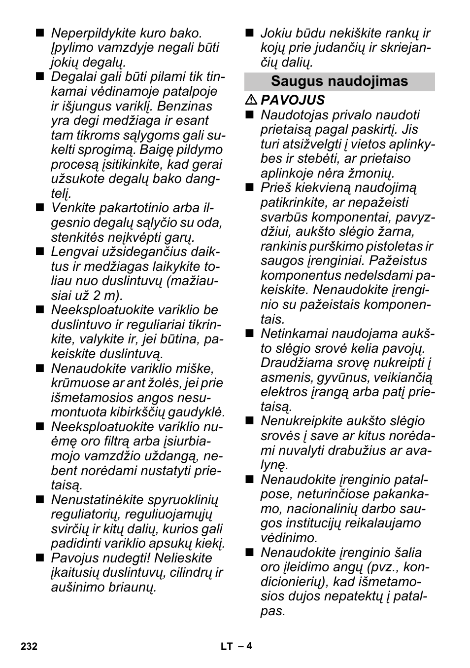 Saugus naudojimas | Karcher G 4-10 M User Manual | Page 232 / 252