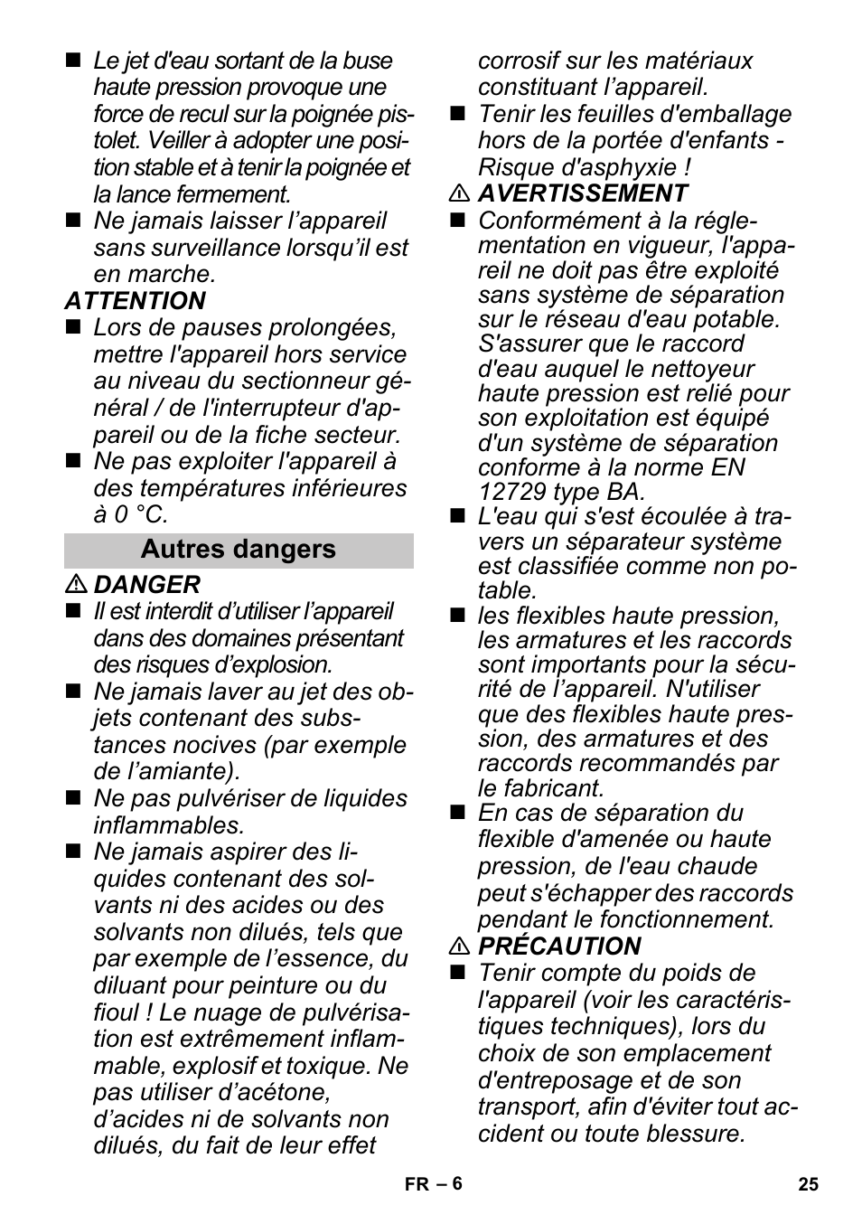 Autres dangers | Karcher G 4-10 M User Manual | Page 25 / 252
