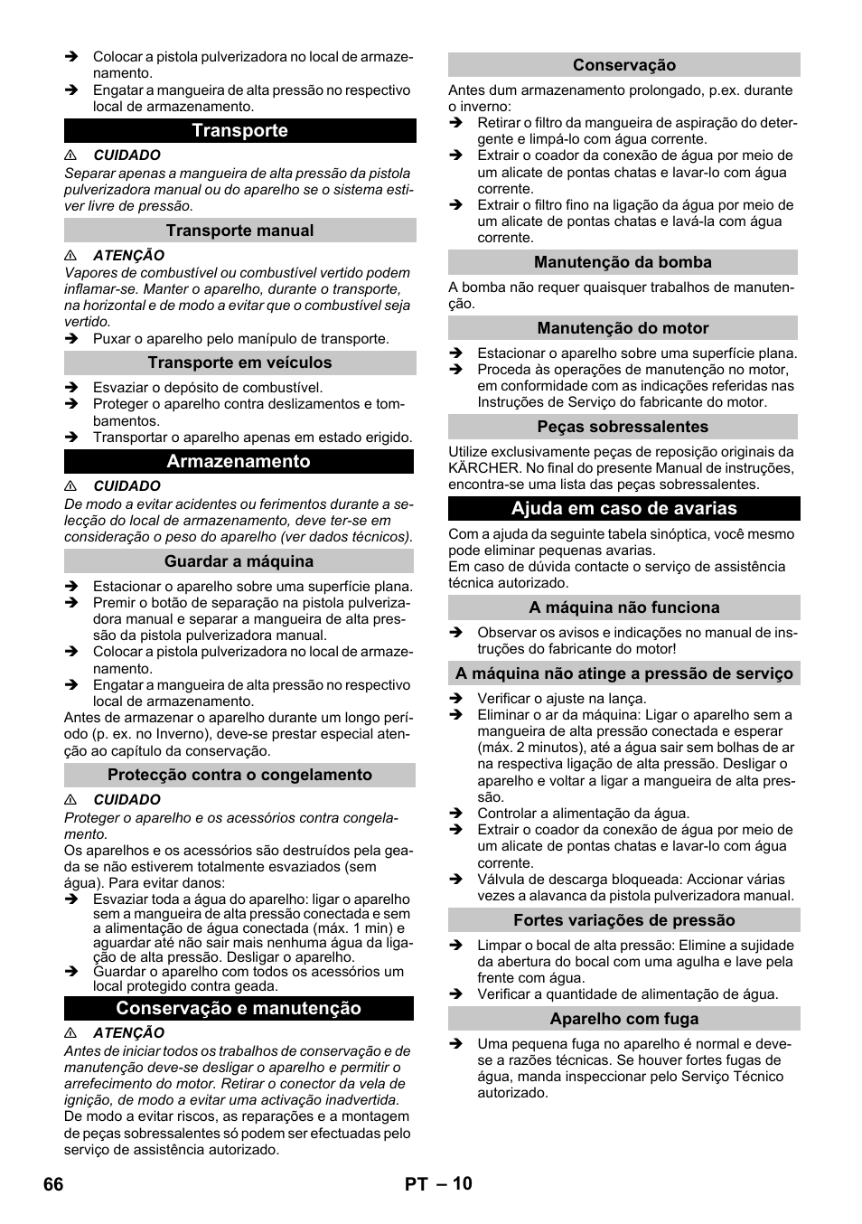 Transporte, Transporte manual, Transporte em veículos | Armazenamento, Guardar a máquina, Protecção contra o congelamento, Conservação e manutenção, Conservação, Manutenção da bomba, Manutenção do motor | Karcher G 4-10 M User Manual | Page 66 / 252