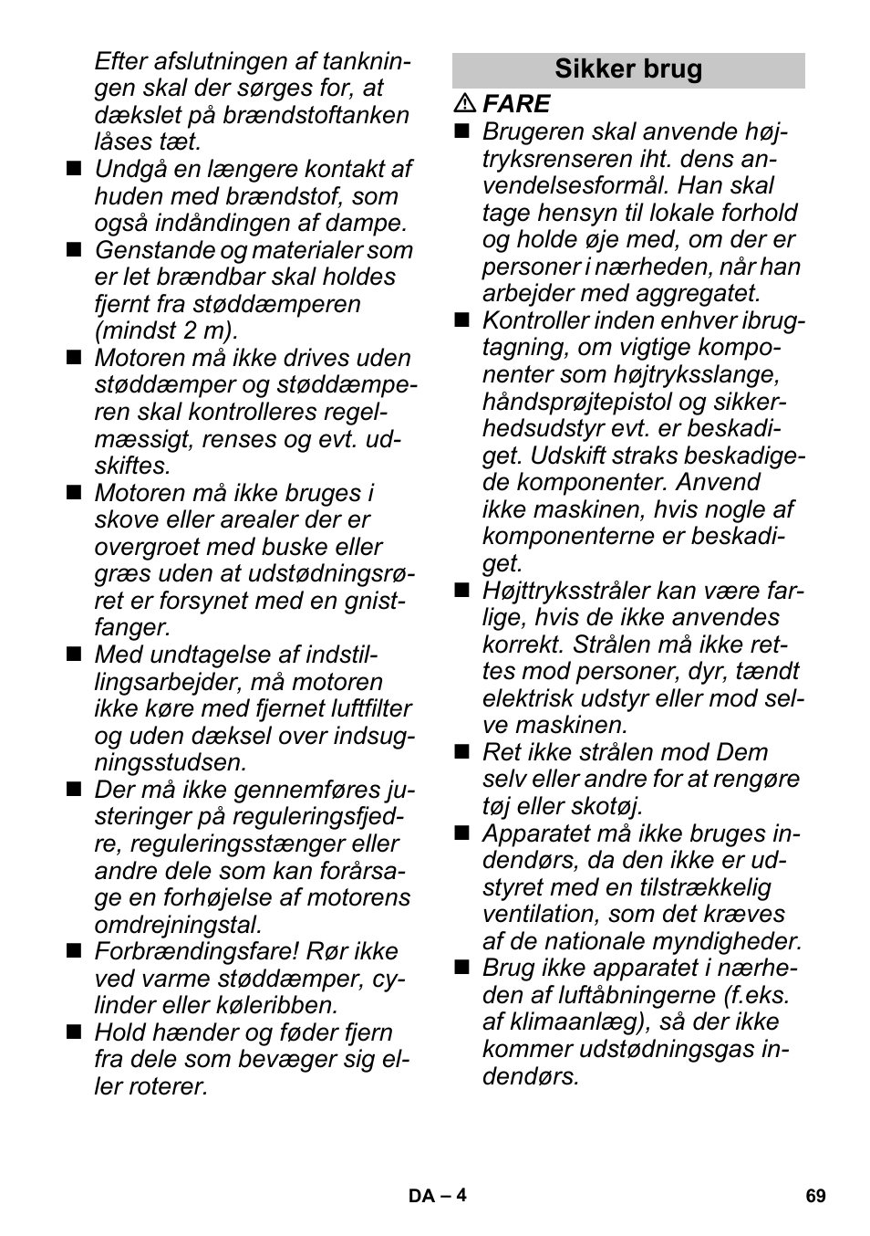 Sikker brug | Karcher G 4-10 M User Manual | Page 69 / 252