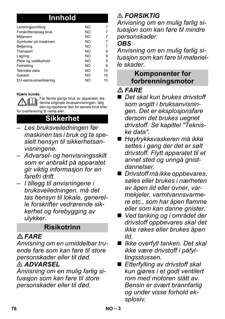 Norsk, Innhold, Sikkerhet | Risikotrinn, Komponenter for forbrenningsmotor, Risikotrinn komponenter for forbrenningsmotor | Karcher G 4-10 M User Manual | Page 76 / 252