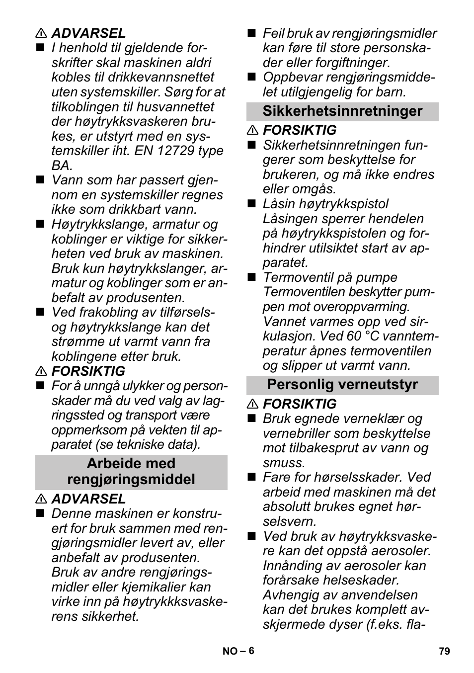 Arbeide med rengjøringsmiddel, Sikkerhetsinnretninger, Personlig verneutstyr | Karcher G 4-10 M User Manual | Page 79 / 252