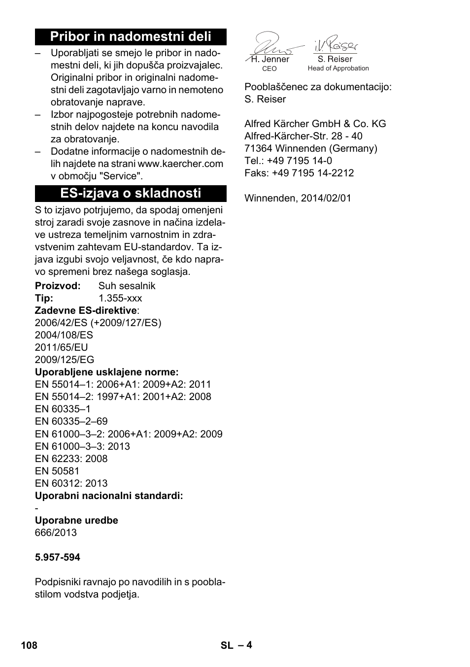 Pribor in nadomestni deli, Es-izjava o skladnosti, Pribor in nadomestni deli es-izjava o skladnosti | Karcher T 15-1 eco!efficiency User Manual | Page 108 / 176