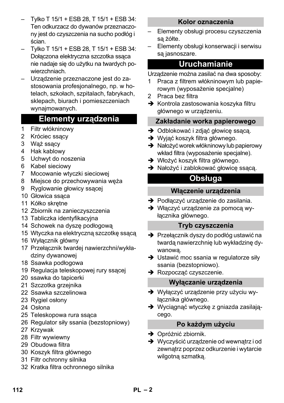 Elementy urządzenia, Kolor oznaczenia, Uruchamianie | Zakładanie worka papierowego, Obsługa, Włączenie urządzenia, Tryb czyszczenia, Wyłączanie urządzenia, Po każdym użyciu | Karcher T 15-1 eco!efficiency User Manual | Page 112 / 176