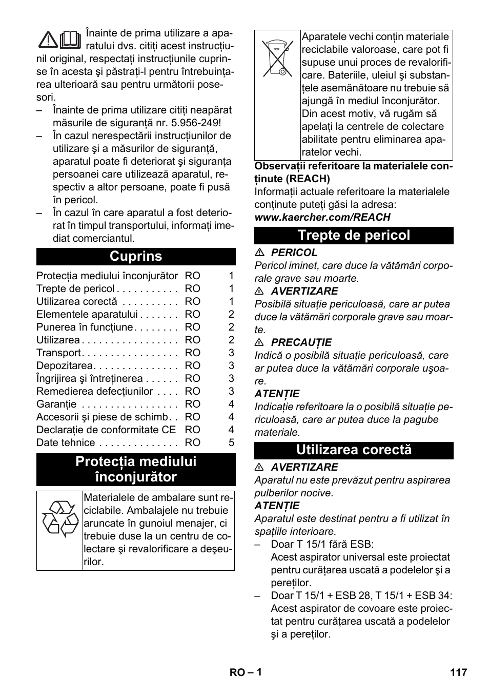 Româneşte, Cuprins, Protecţia mediului înconjurător | Trepte de pericol, Utilizarea corectă, Trepte de pericol utilizarea corectă | Karcher T 15-1 eco!efficiency User Manual | Page 117 / 176